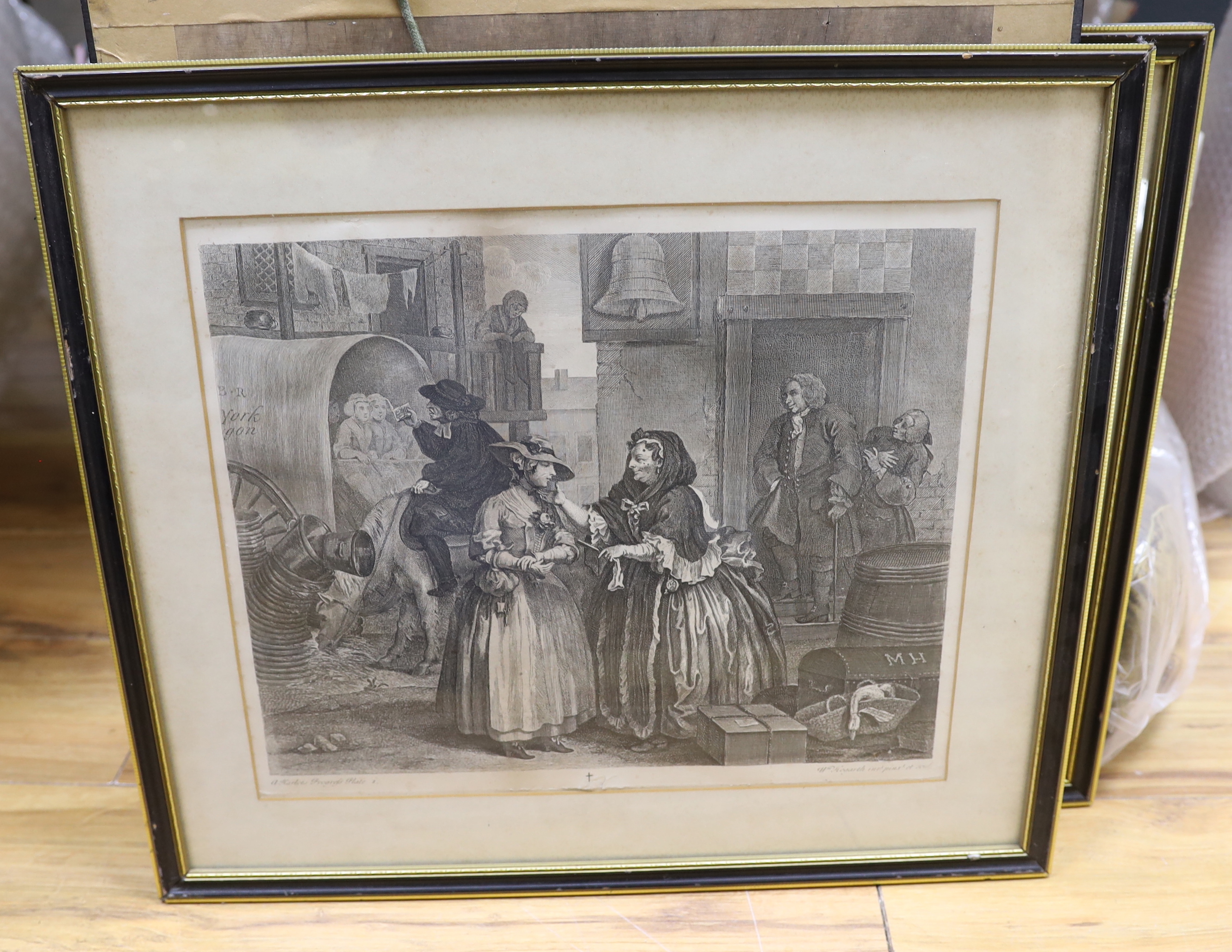 After William Hogarth (1697-1764), three satirical etchings including 'A Harlots Progress', Plate 1, 33 x 39cm